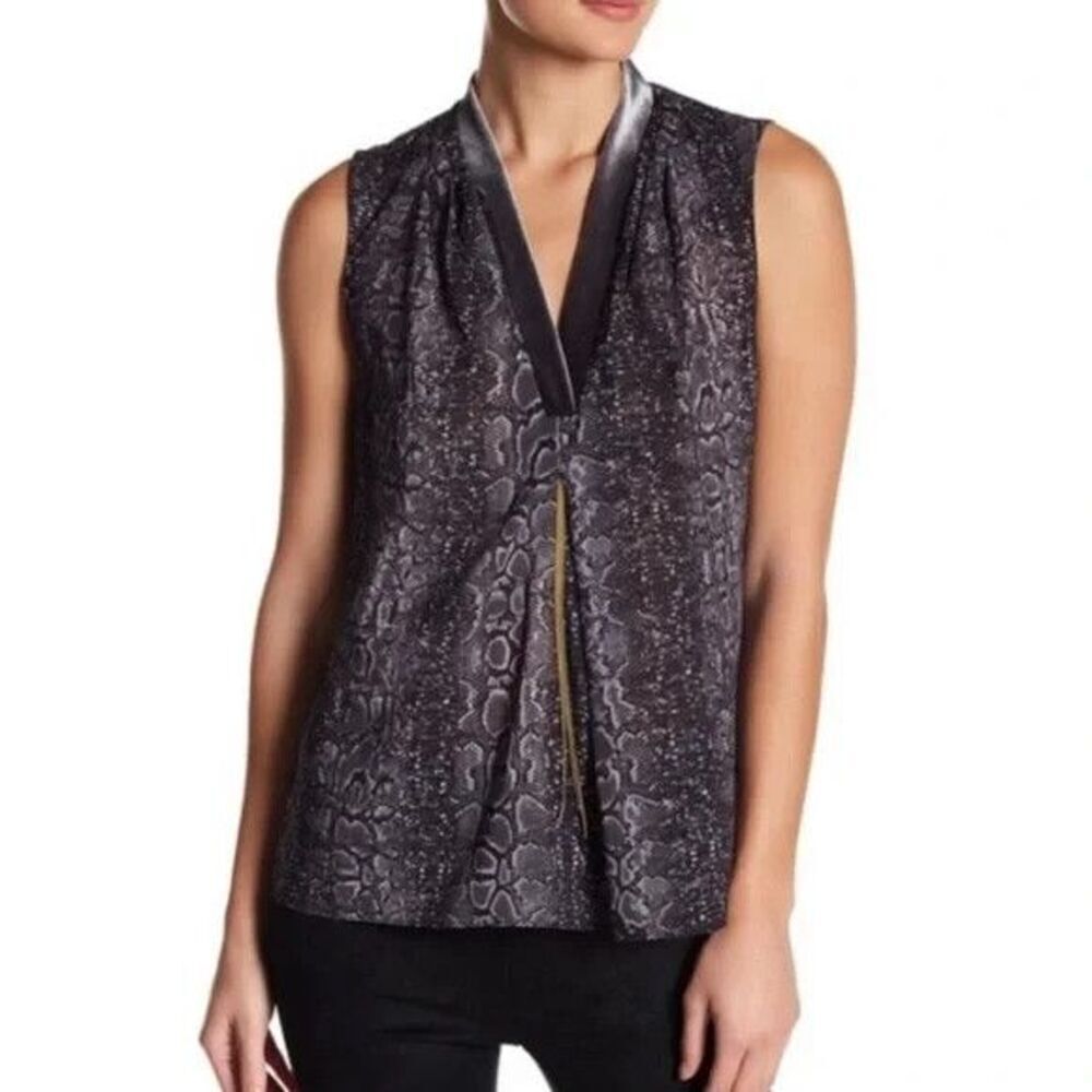 Women's T Tahari V-Neck Snake Print Sleeveless Gold Chain Accent Blouse Small